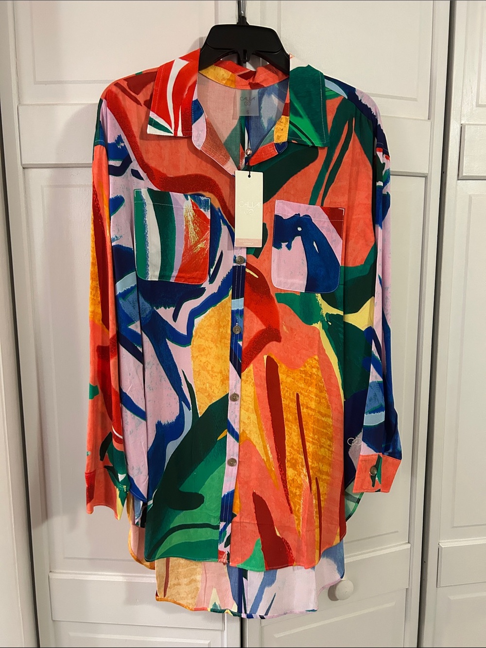 Calia  - Swim Collection Coverup Vibrant Abstract Button-Up Shirt Style